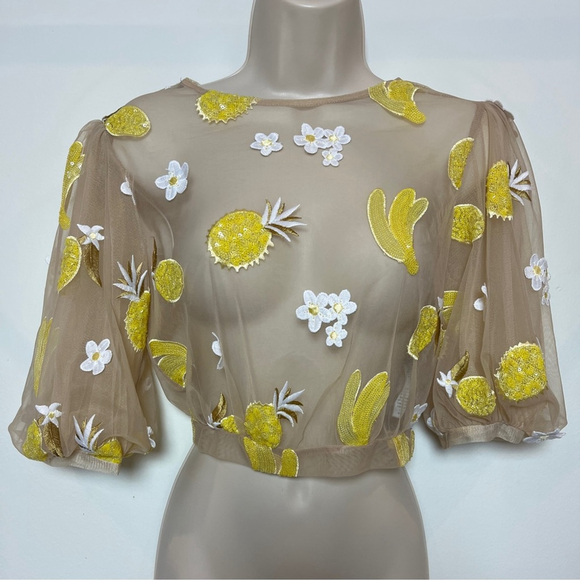 Topshop Tops - Topshop Sheer 3/4 Sleeve Embroidered Crop Top with Yellow Appliqué Size 2
